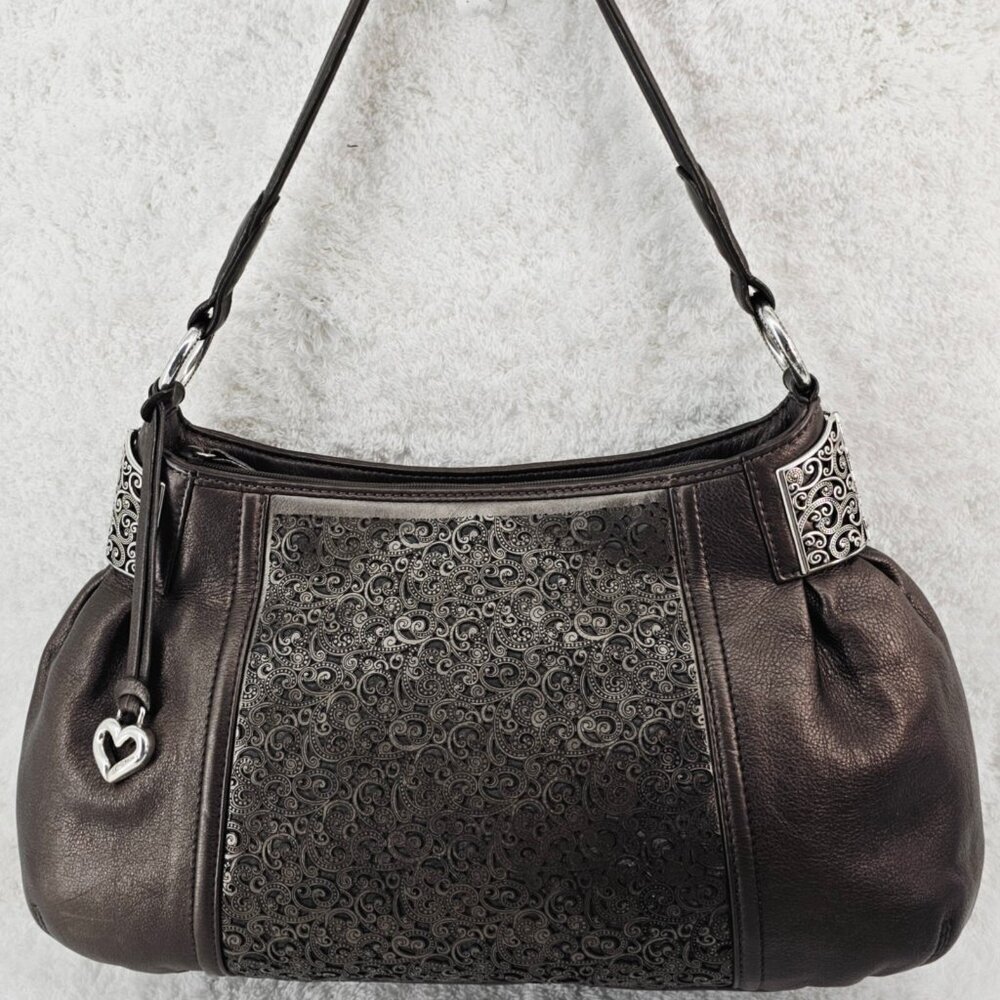 BRIGHTON Parsa Smooth Pewter Laser Cut Filigree Shoulder Bag Heart Charm